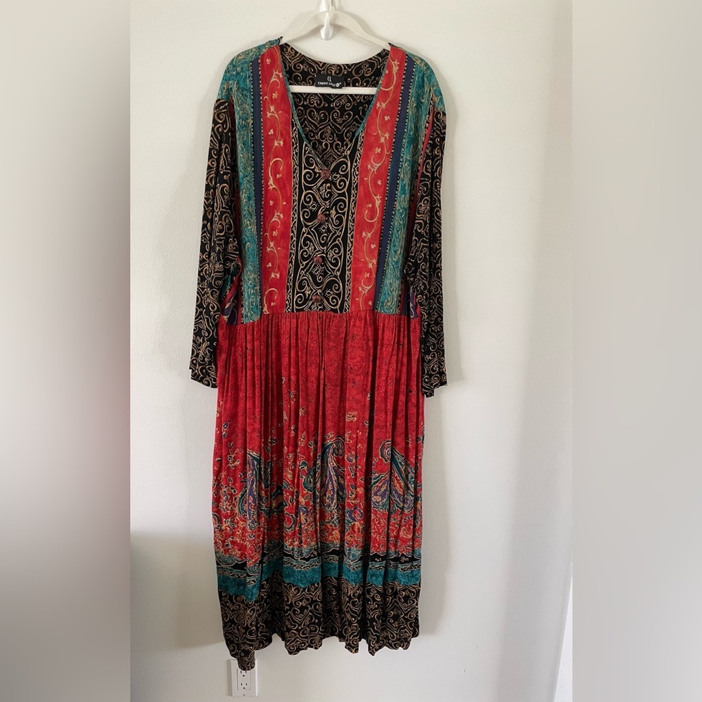 Carole‎ Little Vtg Folk Floral Patchwork Kaftan Dress Boho Paisley Rayon Size 24